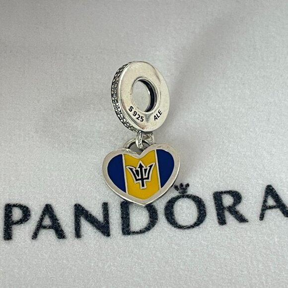 Pandora Barbados Flag Charm Heart Bead Pendant S925 Sterling Silver Jewelry - Picture 1 of 4